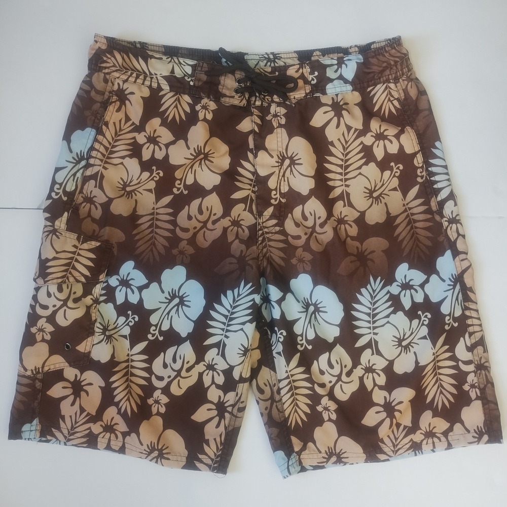 Joe Boxer Y2K Board Shorts Men's Medium Brown Hibiscus Swim Trunks Tropical